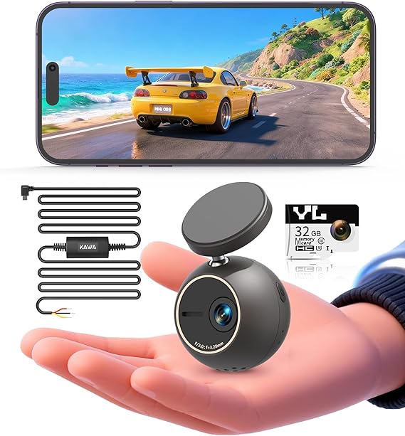 KAWA Dash Cam 2K with Voice Control,Mini Spherical Front Dashcam - with Type-C Port Hardwire Kit