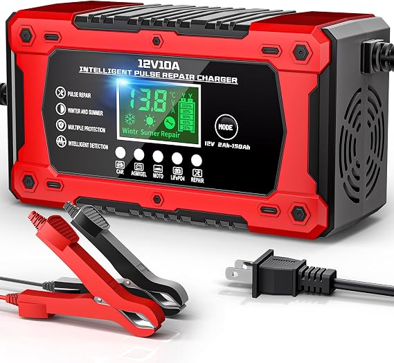 Car Battery Charger 12V 10A Automatic Smart Trickle Charger & Maintainer | Temperature Compensation LCD Display 8 In 1 Protection Suitable for Car Truck Motorcycle Lawn Mower Boat