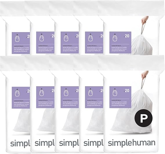 simplehuman Code P 200 Count Custom Fit Liners, Drawstring Kitchen Trash Bags, One-by-One Mess-Free Dispense, Extra Thick & Double Seamed, 50% PCR Plastic, 50-60 Liter / 13-16 Gallon, White