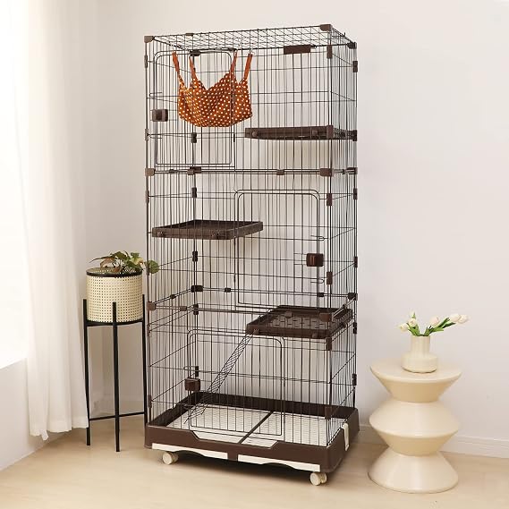 PETTOM Cat Cage, Cat Carrier, 82 cm Width, 2/3 Tiers, Pet Cat Carrier, Cat Tower, Storage, with Casters, Escape-Proof Door, Sturdy Cage, Cat Cage, Compact, Hammock, Multiple Cats Three Tiers 32.3 x