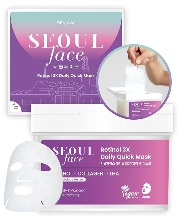DERMAL Korean Retinol + LHA 5-Minute Daily Sheet Mask Dispenser, 36 Count