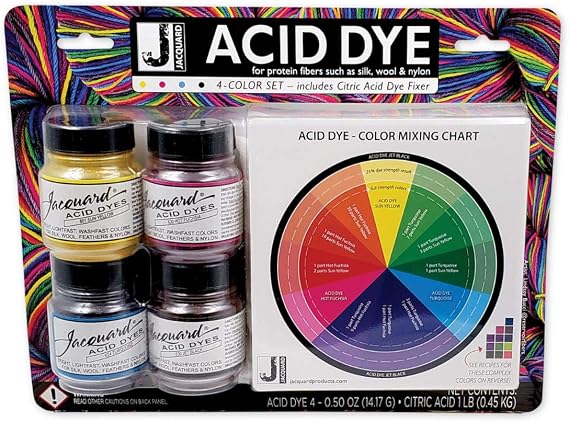 Jacquard Acid Dye 4 Color Set with Citric Acid - Acid Dye for Wool, Silk, Alpaca, Feathers, Cosplay Wigs and Nylon - Powder Wool Dye for Full Coverage Dyeing - Vibrant Acid Silk Dye