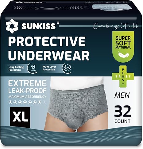 Sunkiss Men's Incontinence Pants Grey Size XL Pack of 32 Disposable nappy pants for adults during the day men's nappies with maximum absorbency for reliable absorption