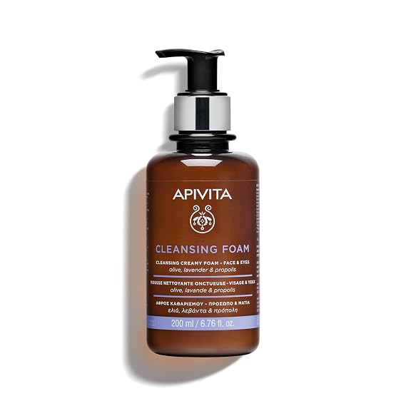 Apivita Cleansing Foam, Hydrating & Soothing Cleansing Creamy Foam for Face & Eyes with Olive, Lavender & Propolis
