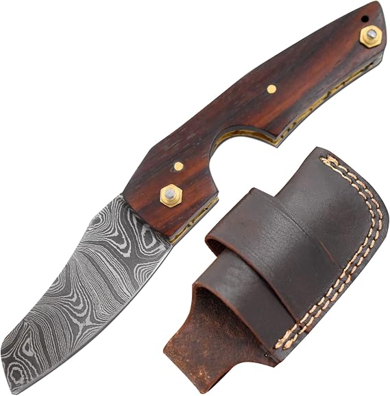 Handmade Real Damascus Steel Cigar Cutter Rose-Wood Handle  with Leather Sheath