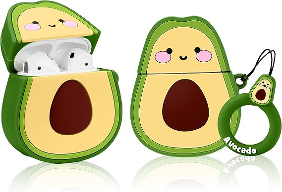 Compatible with Airpods 1/2 Cute Case,Cartoon Character Silicone Fruit Airpod Designer Skin Kawaii Funny Fun Cool Keychain Design Cover Kids Teens Air pods Cases for Girls Boys(3D Avocado)