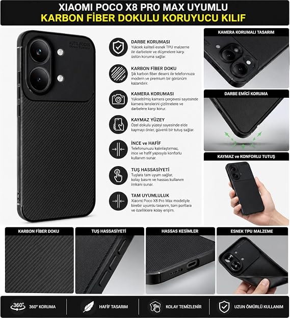 Xiaomi Poco X8 Pro Max ile Uyumlu Karbon Fiber Desenli Kamera Korumalı Premium Kılıf