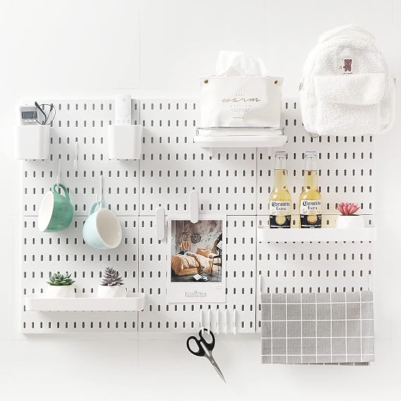 33"x22" Pegboard Combination Kit and 18 Accessories(Shelf Storagebox Hook Brackets Clips) No Punching for Garage Kitchen Living Room Bathroom Office,Pegboard Wall Organizer (White, 6)
