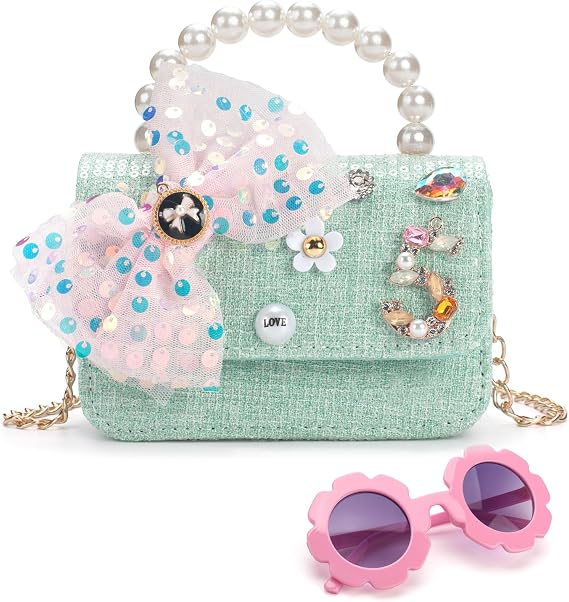Toddler Purse, Small Crossbody Bag Kids Wallet with Pink Sunglasses, Kids Purses for Girls Age 4-6 with Big Bow, Princess Girls Handbags for Birthday Party Travel