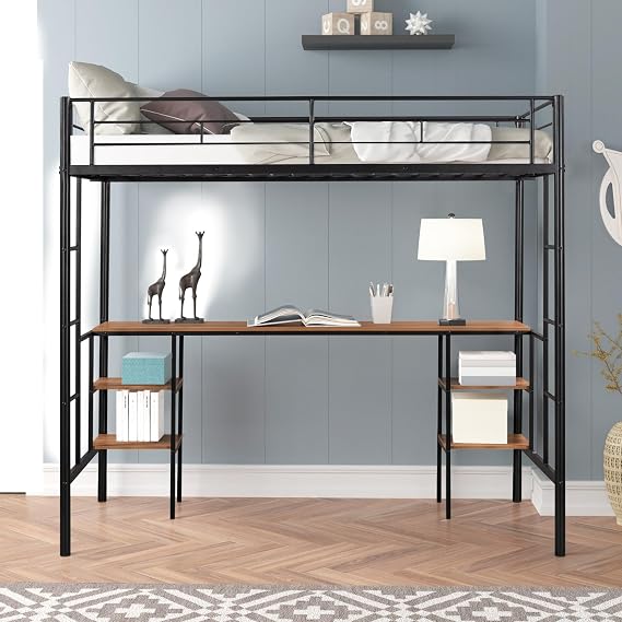 Spe-Saving Twin-Size Loft Bed with Table & Shelves - Sturdy Metal Construction