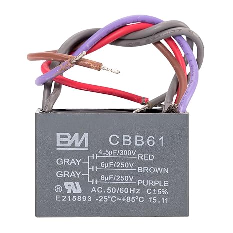Ceiling Fan Capacitor CBB61 4.5+6+5UF 4.5+6+6UF 5+5+5UF 4+4+2.5UF 4+5+6UF 5 Wire 250V 50/60Hz Motor Running Capacitor 25C-85C Operating Temperature