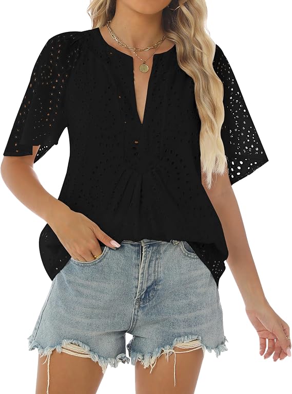 Relipop Women's Summer Eyelet Tops 2026 Dressy Casual V Neck Flutter Sleeve Hollow Out Lace Embroidered Blouses Shirts