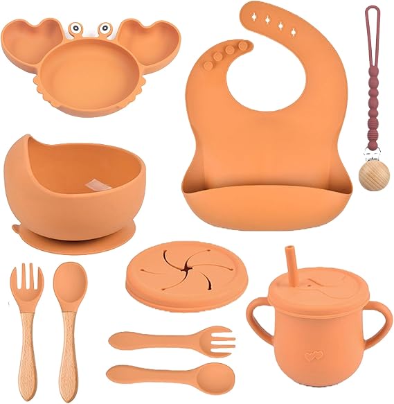 Silicone Baby Feeding & Weaning Set Food-Grade Baby Led Weaning Supplies with Suction Plate, Bowl, Bib, Sippy Cup & Soft Spoon Fork Dishwasher & Microwave Safe (Brown)