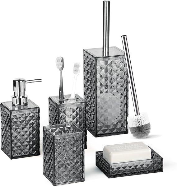 Bathroom Accessory Set, Grid Pattern 5 Pcs Plastic Bathroom Set, Dark Grey