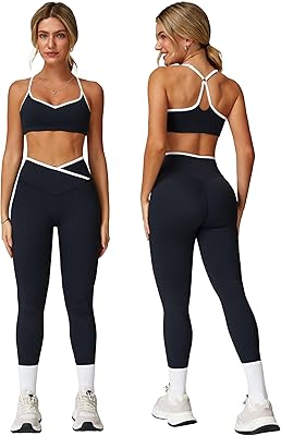 ABOCIW Workout Sets for Women 2 Piece Color Block Strappy Sports Bra High Waist Shorts Gym Yoga Pilates Outfits