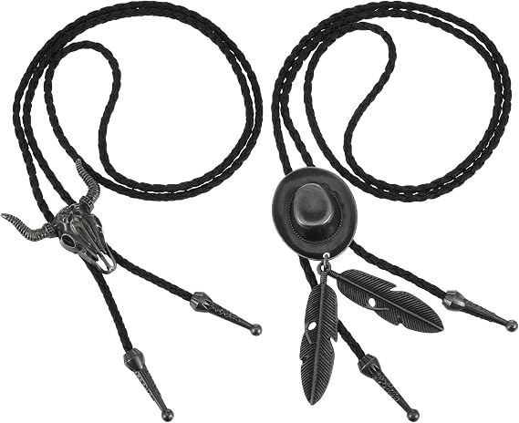 2PCS Bolo Tie, Western Cowboy Tie Vintage Leather Necktie Handmade Hat Feather Necklace Pendant for Men Women