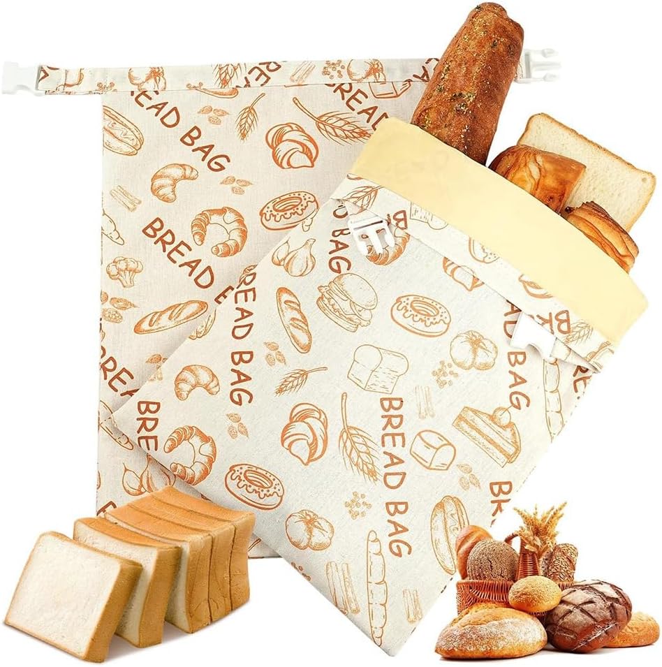 2 Pack Bread Bags for Homemade Bread Bags Reusable Bread Bags Beeswax Fabric Lined Cotton Bee Wax Bags