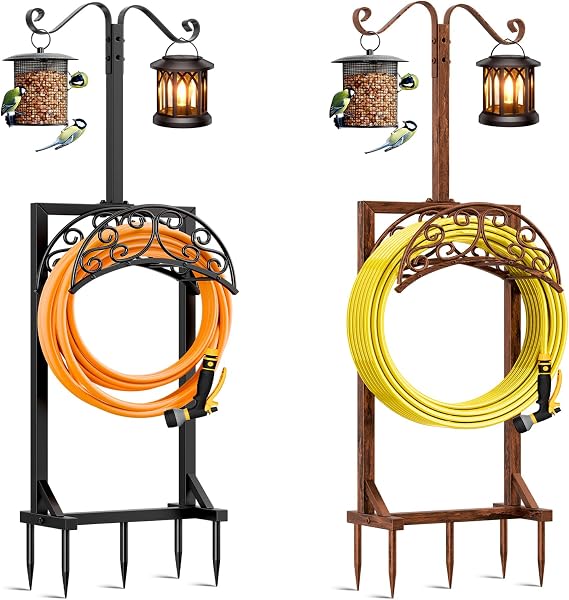 Garden Hose Holder for Outside - Upgraded Water Hose Holders with 5 Spikes & 2 Shepherds Hooks, Freestanding Hose Stand Heavy Duty Hose Hanger Hose Storage Hose Reel Rack for Outside Yard Lawn