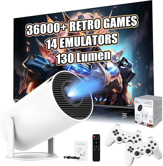 [Built-in 36000+GAME & Android 11.0]Mini Projector,14 Emulator Projector 4K Supported 180° Rotation & Auto Keystone, Outdoor Compatible with TV Stick/Windows/iOS/Android/HDMI/USB,White Box