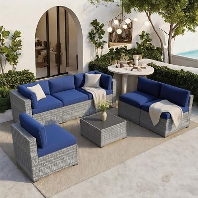Outdoor Patio Furniture 7-Piece Set, Grey Rattan 6-Seater Conversation Set with Navy Blue Cushions, Includes Coffee Table for Garden, Pool, Balcony, Backyard | Waterproof Fabric & Weatherproof Wicker