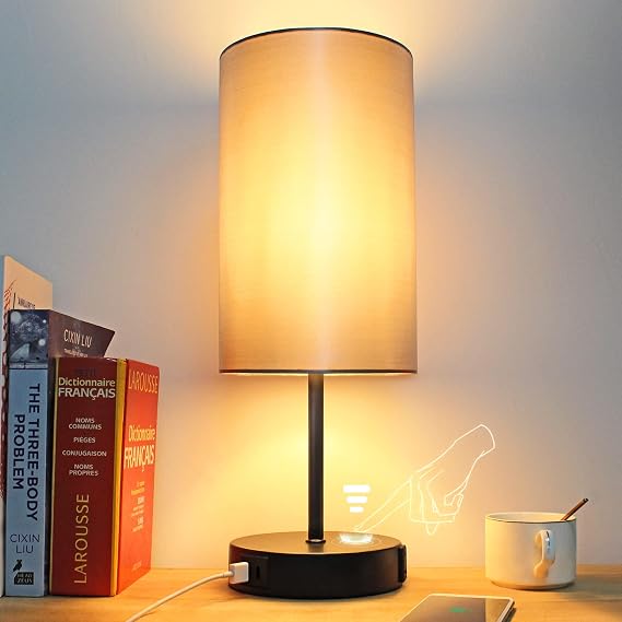 LTBLIGHT 15.75'' Touch Control Table Lamp Dimmable with Outlet Grey Shade | Includes 800lm E26 LED bulb,compact nightstand design,for bedroom living room office desk,6ft cord