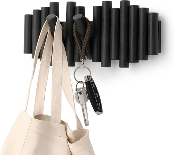 Umbra Picket Wall-Mounted Coat Rack Rail Hook with 5 Retractable Wood Pegs Modern, Space-Saving Storage Organizer, Black