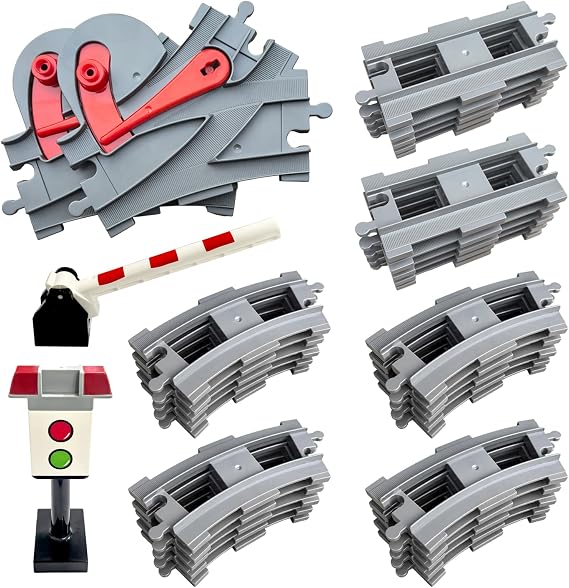 37 Pieces Train Tracks Set - Compatible with All Major Brands, Classic Railway Track with 20 Curved Tracks, 10 Straight Tracks and 2 Switches Tracks, Light Grey Toy Track Accessory for Kids