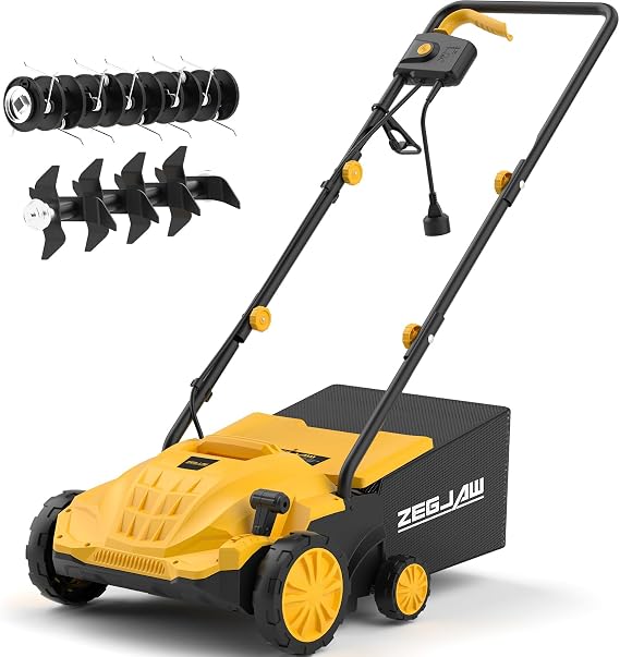 ZEGJAW Electric Dethatcher and Scarifier 2-in-1, 13-inch 12Amp Lawn Dethatcher, 4-Position Depth Adjustment with 30L Collection Bag, Quick-Fold, Keeps Lawn Health for Garden & Yard