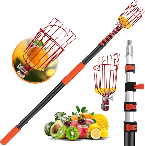 26FT Reach Fruit Picker Pole with Basket Telescoping,Apple Picker | Orange Picker with Basket Lightweight Aluminum Pole Fruit Catcher for Trees,Suit for Pear,Lemon,Mango,Guava,Avocados