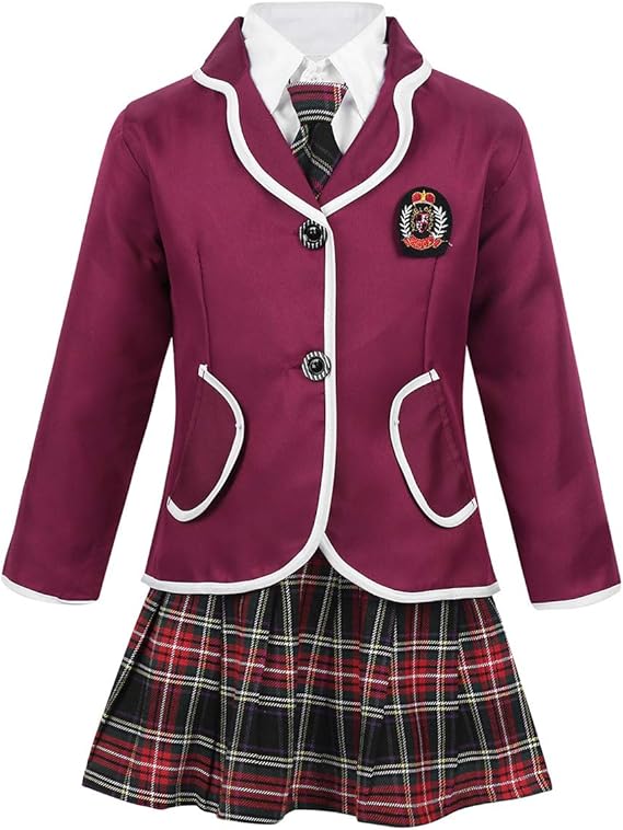 easyforever Boys Girls British School Uniform Long Sleeve Wide Lapel Coat with Shirt Tie Mini Skirt Set