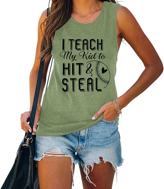 YourTops Women I Teach My Kids to Hit and Steal Tank Shirt Baseball Mom Shirt Baseball Graphic Shirt