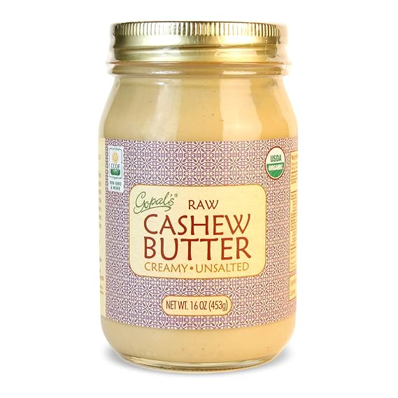 Gopal's Organic RAW Cashew Butter, USDA Organic and Gluten-Free, Creamy and Unsalted, 16 Ounce (456 Grams) Glass Jar