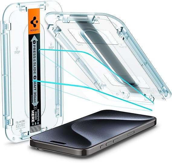 Spigen Tempered Glass Screen Protector [GlasTR EZ FIT] designed for iPhone 15 Pro [Case Friendly] - 2 Pack | 9H Hardness Tempered Glass, Easy Installation Kit, Case-Friendly, Crystal Clear, Touch Responsive, Oleophobic Coating
