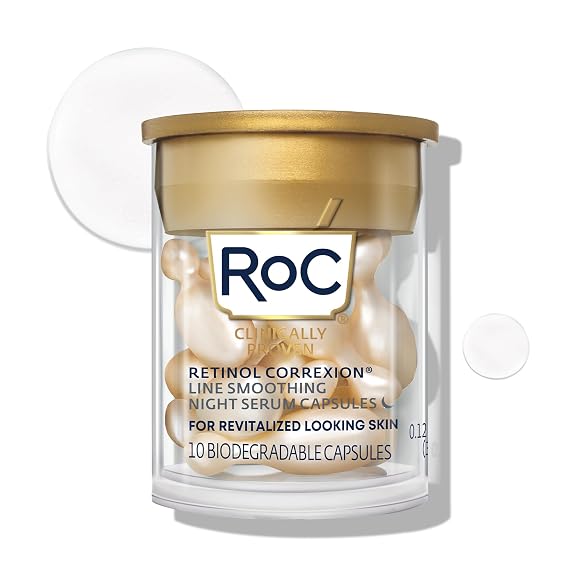 RoC Retinol Correxion Line Smoothing Night Serum Capsules, Daily Anti-Aging Skin Care Treatment for Fine Lines, Dark Spots, Acne Scars, 10 Count (Packaging May Vary)
