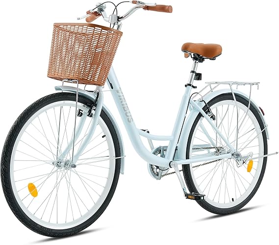 Viribus 24 Inch Vintage Ladies Bike with Basket, Dutch Style City Bicycle with Carbon Steel Frame, Dual V Brakes, Single Speed Women's Comfort Bike with Adjustable Seat and Handlebars