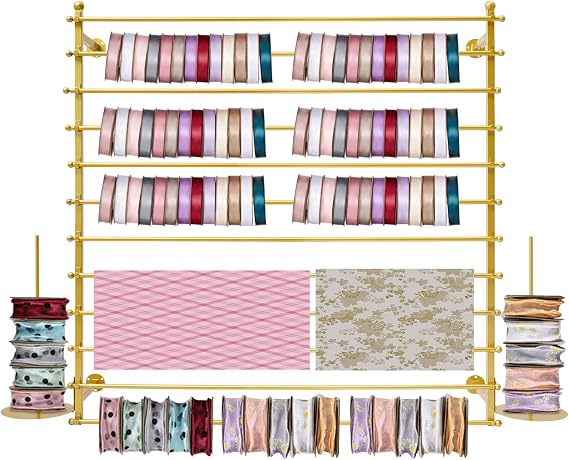 Ribbon Storage Organizer, Wall Mounted Ribbon Organizer, 12-Tier Metal Gift Wrapping Paper Rack, Spool Tie Scarf Hijab Belt Towel Hanger, for Home, Craft Room, Flower Shop, Gold, 47.2in Wide