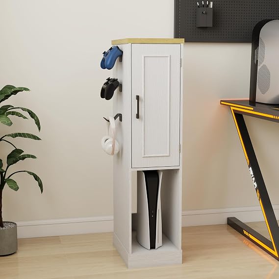 RASOO Media Cabinet, AV Media Stand Game Console Stand with Drawers Inside Media Audio Tower Rack with Hooks,Game Storage Cabinet for PS5 and Xbox