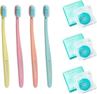 Cocofloss Oral-Care Set, 3 Spools Delicious Mint Dental Floss & 4 Cocobrushes, Woven String Floss with Coconut Oil, Ultra-Soft Manual Toothbrush, Dentist-Designed
