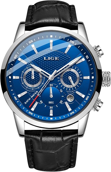 LIGE Wrist Leather Watches for Men Analog Dress Chronograph Waterproof Vintage Work Casual Quartz with Date Display Chronograph Luminous 30M Water Resistant Business Classic Mens Watch