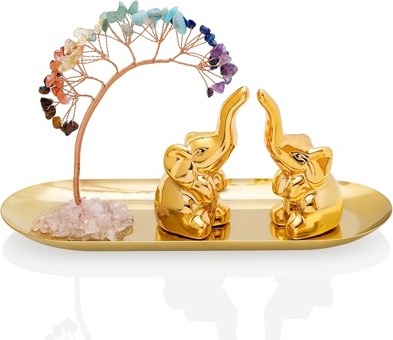 ZenBless 7 Chakra Healing Crystal Tree Ceramic A Pair Elephant Decor Elephant Gifts for Women, Elephants Statues Home Decor, Yoga Meditation Zen Spiritual Room Home Shelf Decor Feng Shui Good Luck
