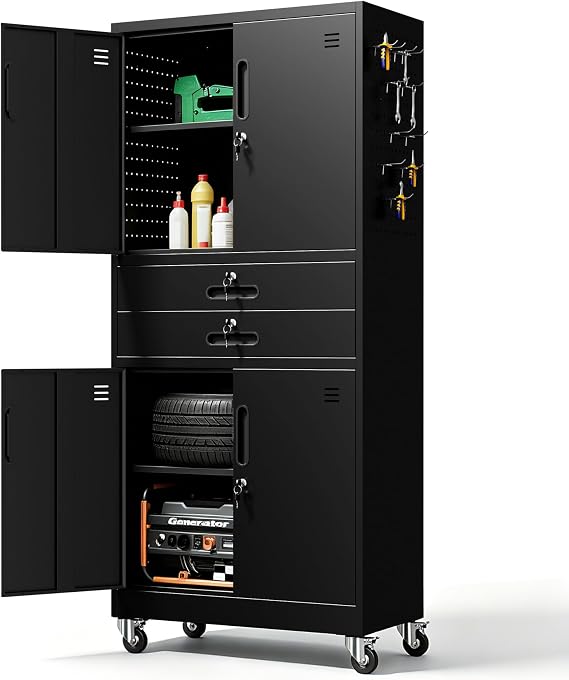 Garage Wall Cabinet, Wall Mounted Cabinet with Up-flip Door and Adjustable Shelf for Garage, Tool Room, Kitchen, Assembly Required (Black, 71''H-2 Doors & 2 Drawer)