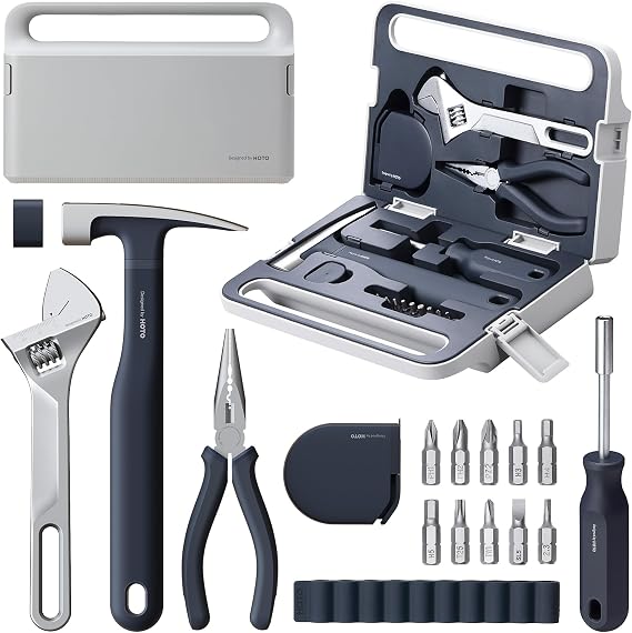 HOTO 16-Piece Home Tool Kit, Basic Hand Set with Portable Storage Box | Includes Screwdriver, Wrench, Hammer, Tape Measure, and Plier for Household, Office, Dorm Repairs and DIY Projects