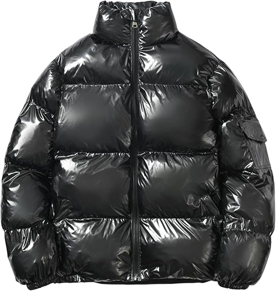 Mens Down Puffer Jacket Thickened Glossy Puffer Jacket Warm Stand Collar Winter Outwear Zip Up Ski Bubble Coat