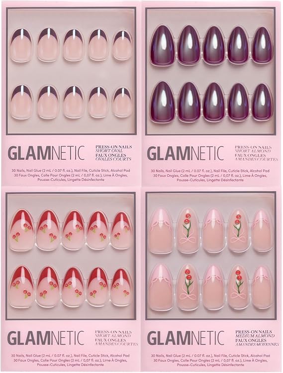 Glamnetic Press-On Nails Bundle - Cherry On Top | 4 Short & Medium Almond Fake Nails with Cherry Details, Glossy & Glazed Finishes | Playful 3D Fruit Designs | Durable, Salon-Quality Nail Kits