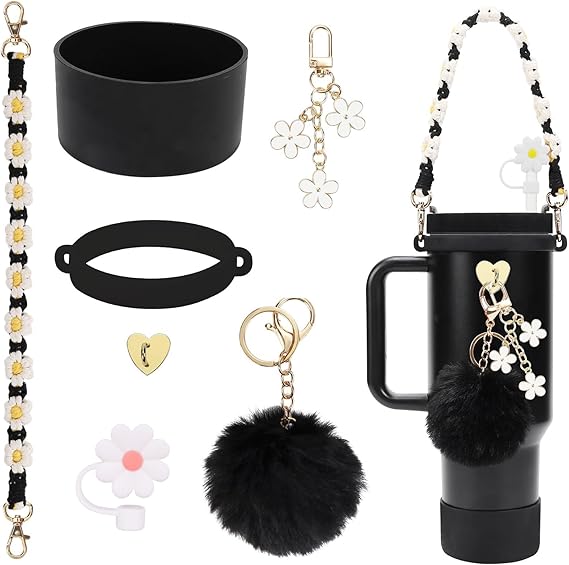 Stanley Cup Accessory Set: 7-Piece Bundle Including Straw Cover, Silicone Boot, Hand Strap, 4 Charms for 40oz & 30oz Tumblers