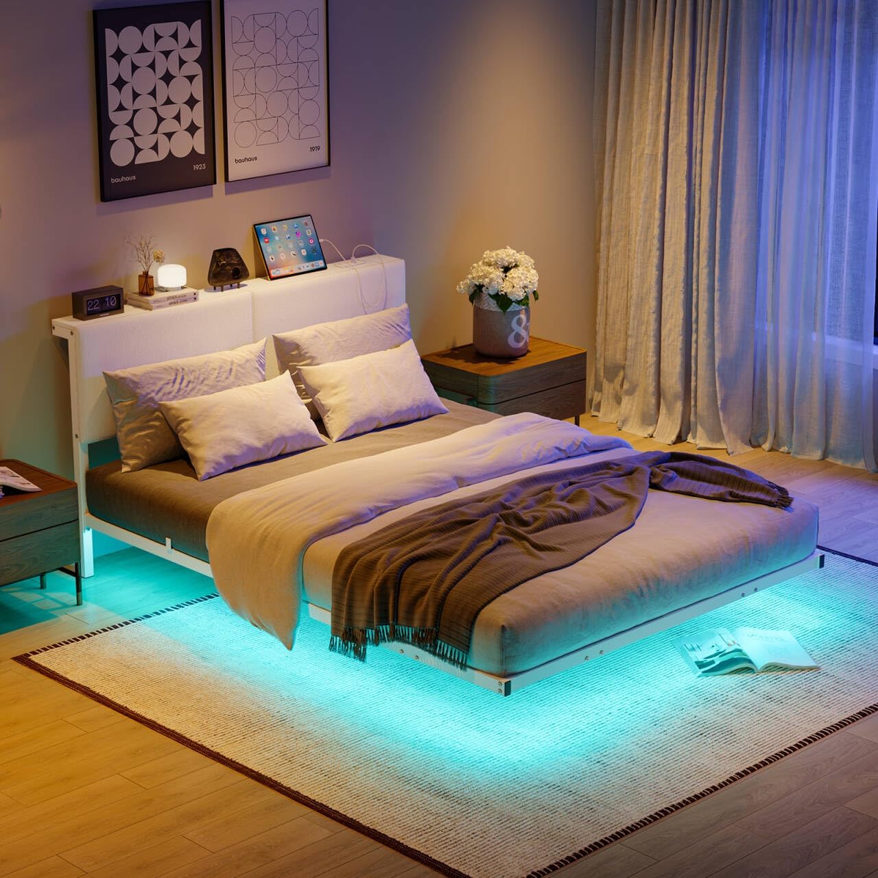 HOMERECOMMEND 4ft6 Double Bed Frame with USB Charging Station and LED Light,Floating Bed Frame with Storage Headboard,Upholstered Platform Bed Frame Double Size,Noise-Free Strong Slats,White