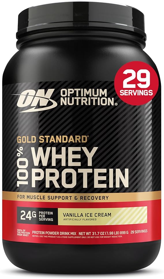 Optimum Nutrition Gold Standard 100% Whey Protein Powder, Vanilla Ice Cream, 2 Pound (Packaging May Vary) | 24g 100% Whey Protein Per Serving, with BCAAs, Gluten Free, Banned Substance Tested, Easy Mixing, Muscle Support & Recovery