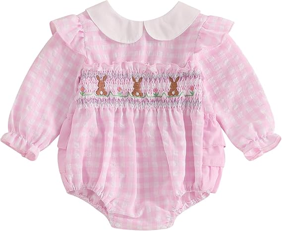 Adobabirl Infant Baby Girl Outfit Newborn Bow Bubble Romper Long Sleeve Embroidery Jumpsuit Cute Smocked Clothes