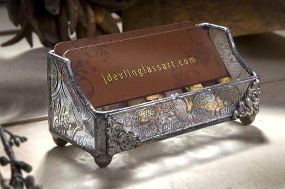 J Devlin Stained Glass Business Card Holder, Vintage Glass Desk Display