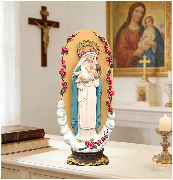 MeritMode Virgin Mary Statue, Madonna And Child, Catholic Gift For Women | Hand-Painted Resin, 30 cm Tall, Gold Halo, Red Rose Frame, Shelf, Mantelpiece, Home Altar